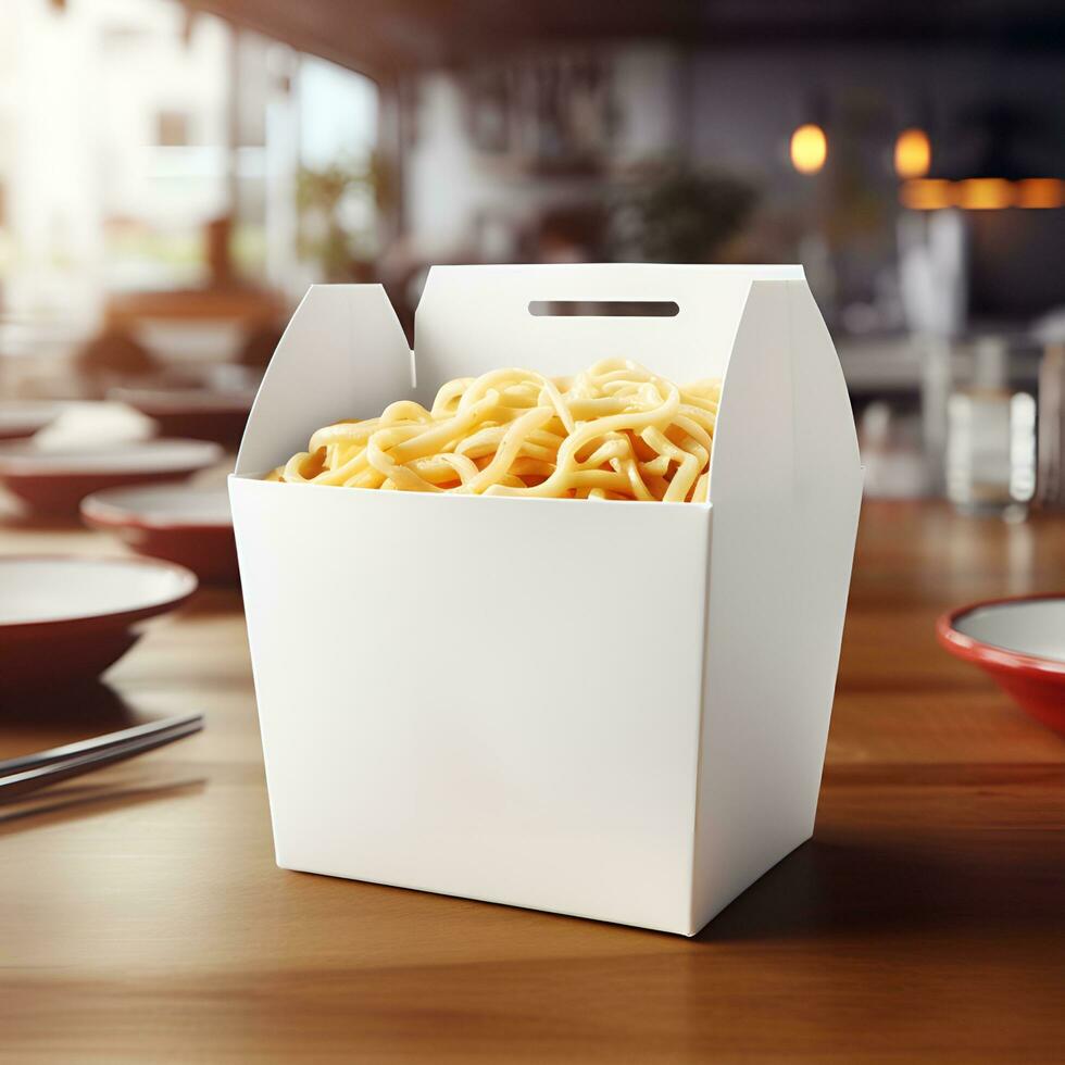 Blank white noodle box mockup on wooden table with restaurant background. Generative AI photo