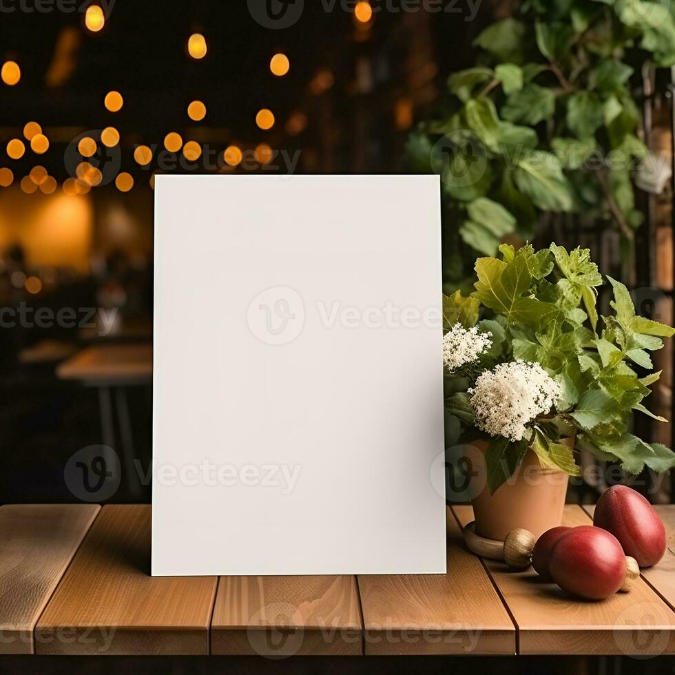 Blank food menu on wood table in restaurant. Generative AI photo