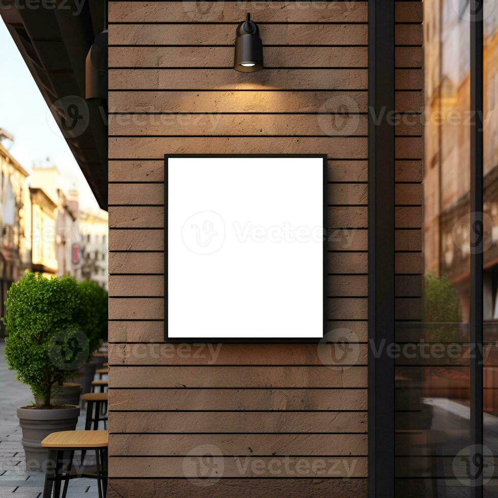 Blank rectangle signboard mounted on the restaurant wall with spotlight lamp. Generative AI photo