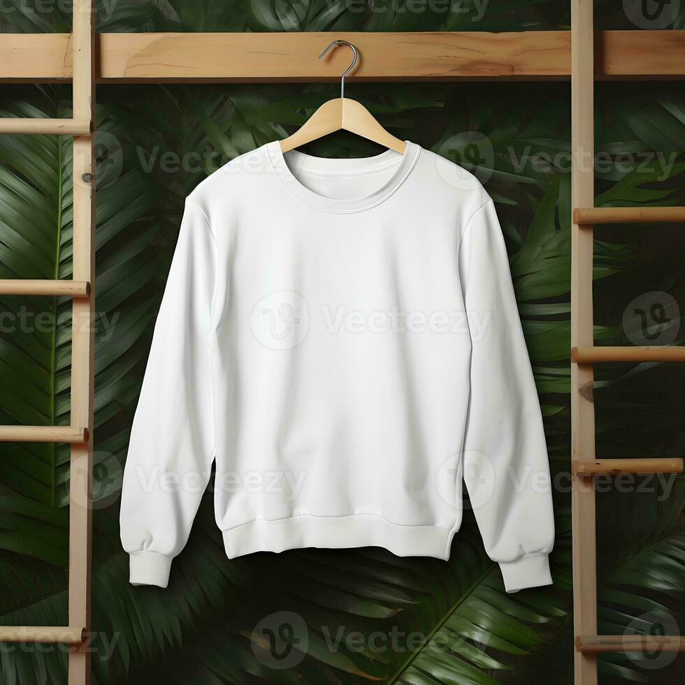 Blank white crewneck hanging on wood plank with palm leaves background. Generative AI photo