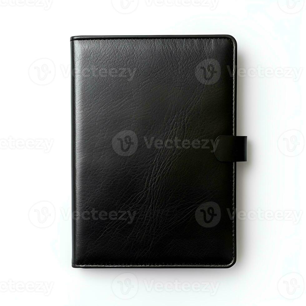 Blank black leather notebook on white background. Generative AI photo