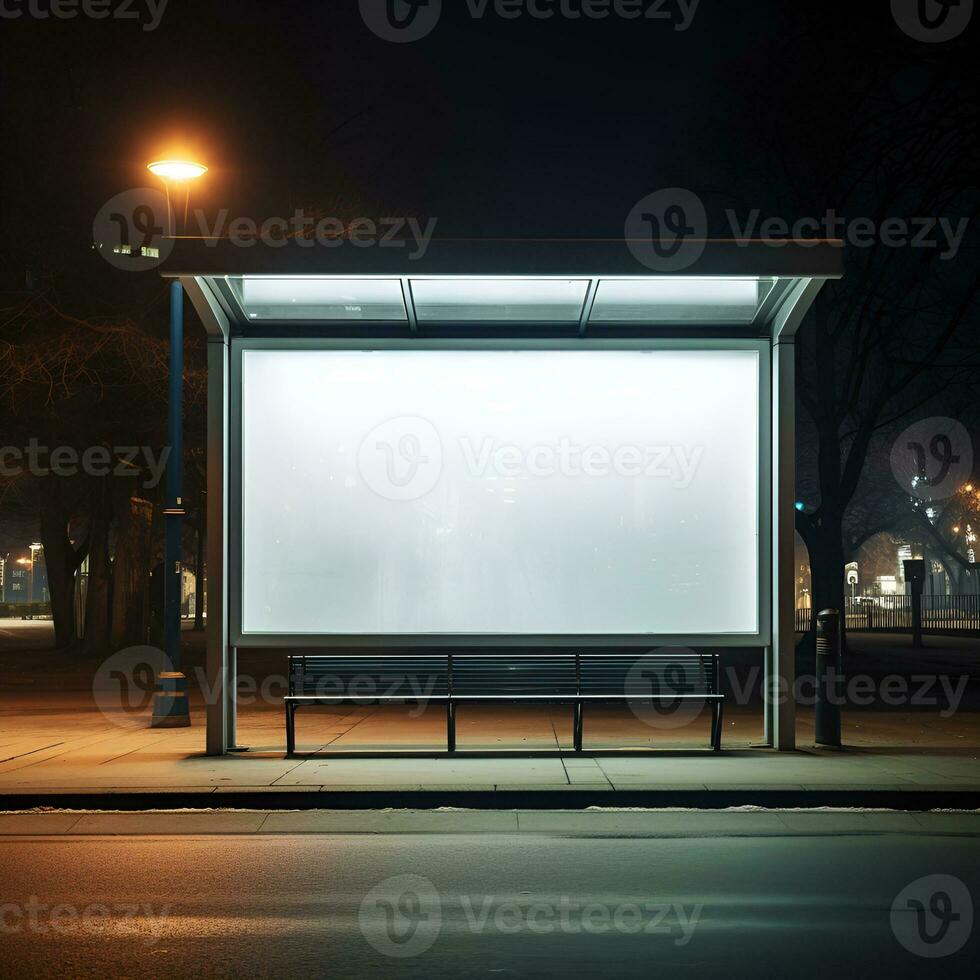 Blank white billboard on bus stop at night. Generative AI photo
