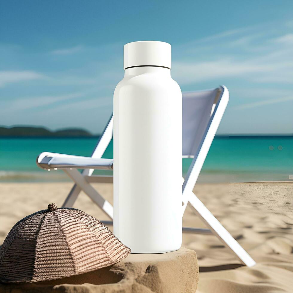 Blank white drink bottle mockup on beach background. Generative AI photo