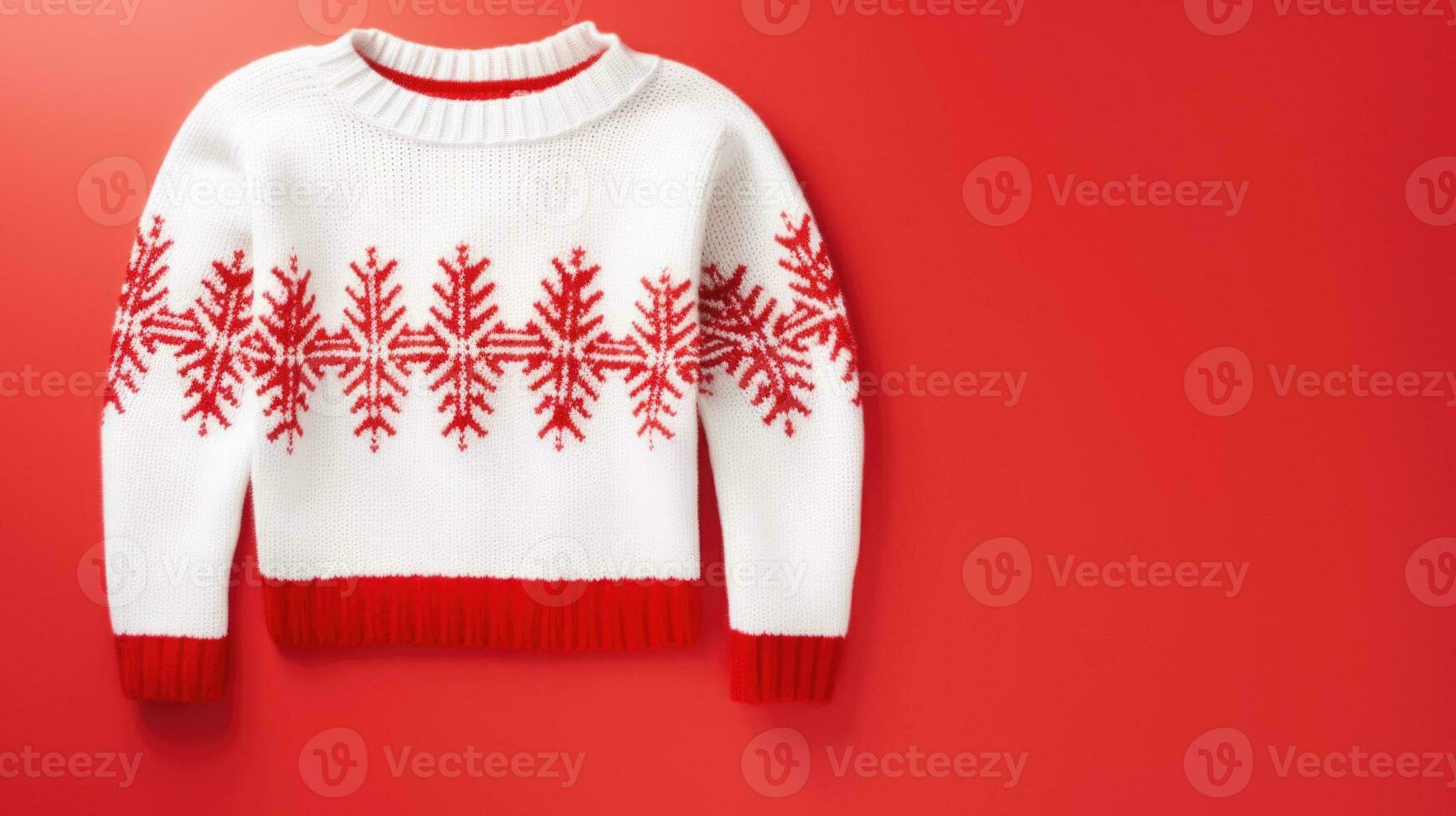 White and red Christmas sweater on a red background. International ugly Christmas sweater day. Generative AI photo