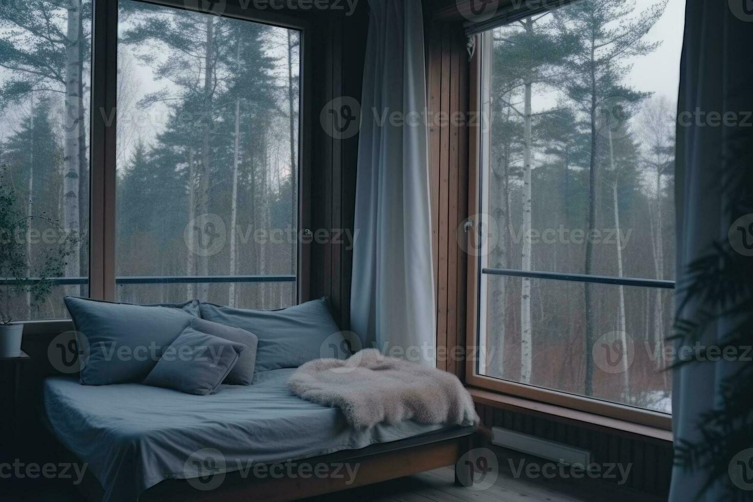 Cozy bedroom with a forest view through a large window.Generative AI photo