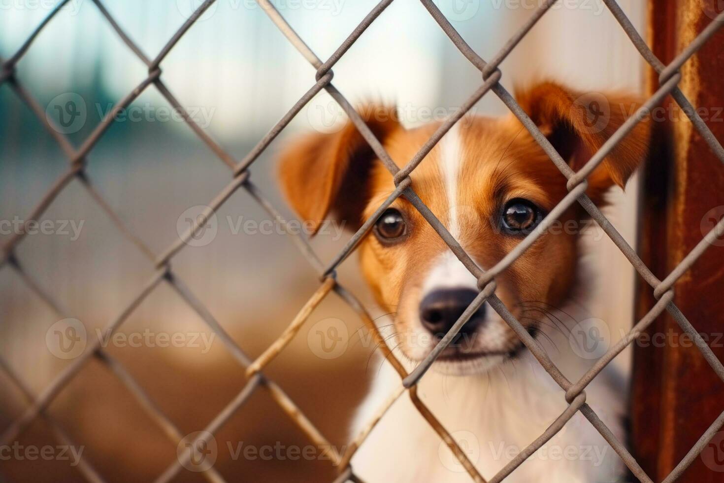 Brown and white puppy looking through a metal fence.Generative AI photo