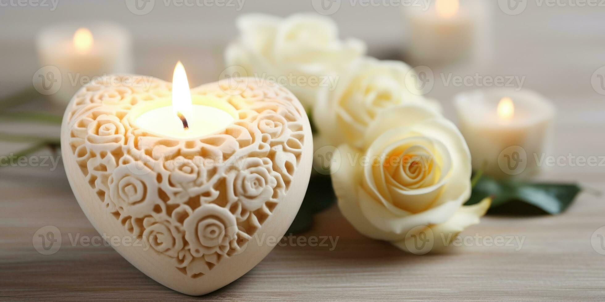 Carved wooden heart candle with white roses on table.Generative AI photo