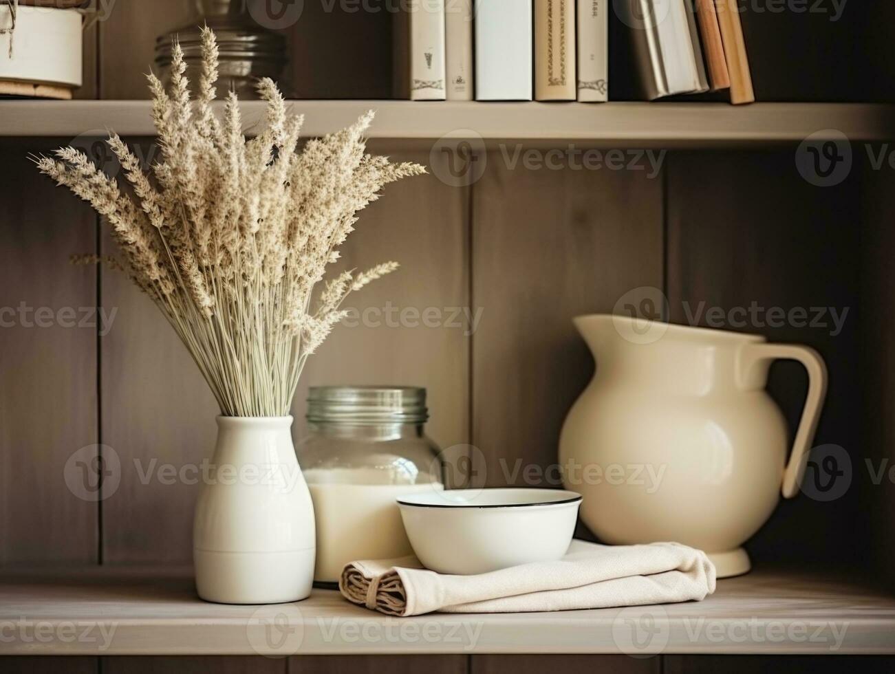Rustic kitchen shelf with dried flowers and ceramics. Generative AI photo