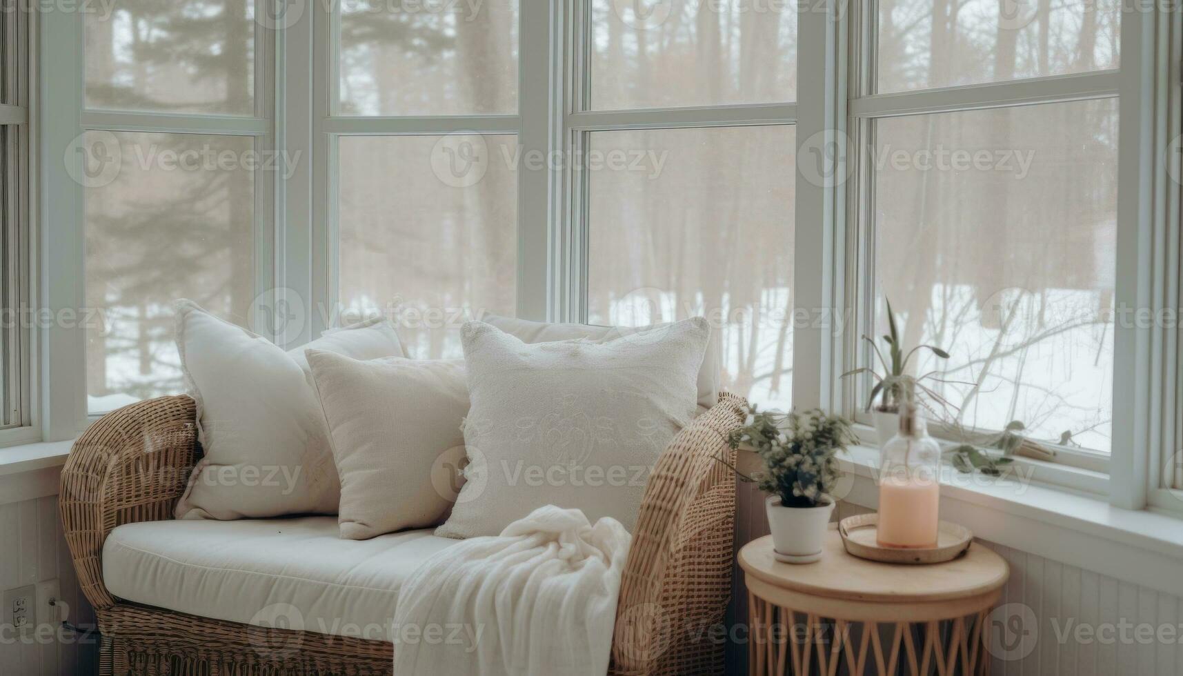 Winter cozy nook with pillows and a view of snowy landscape. Generative AI photo