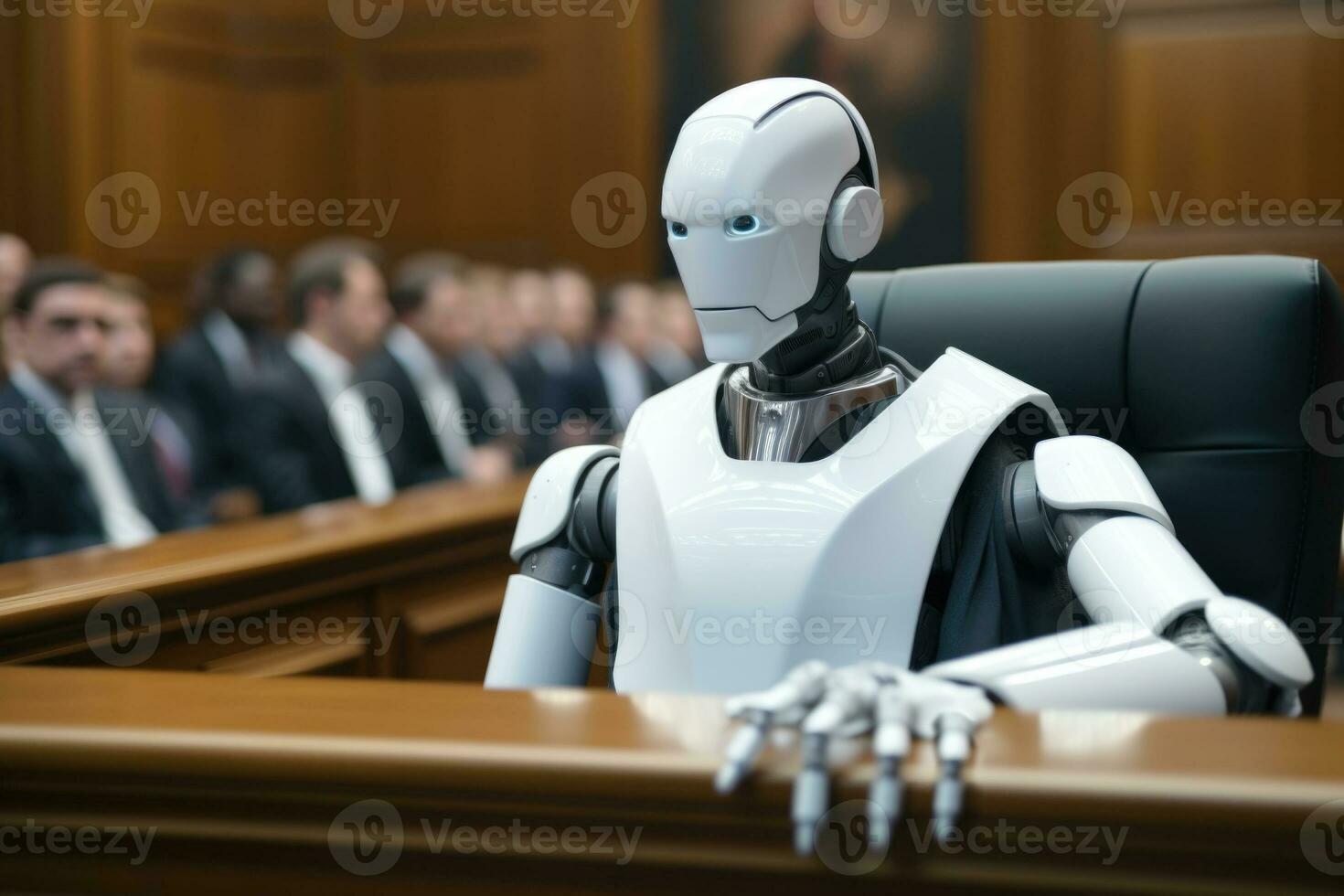 Humanoid robot sitting in courtroom. Generative AI photo