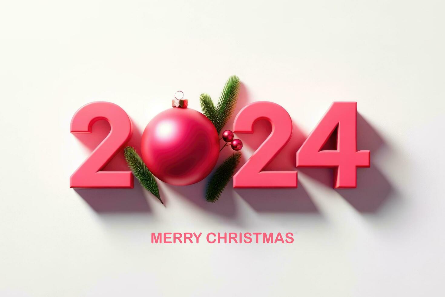 Pink 2024 with Christmas ornament and greeting. Generative AI photo