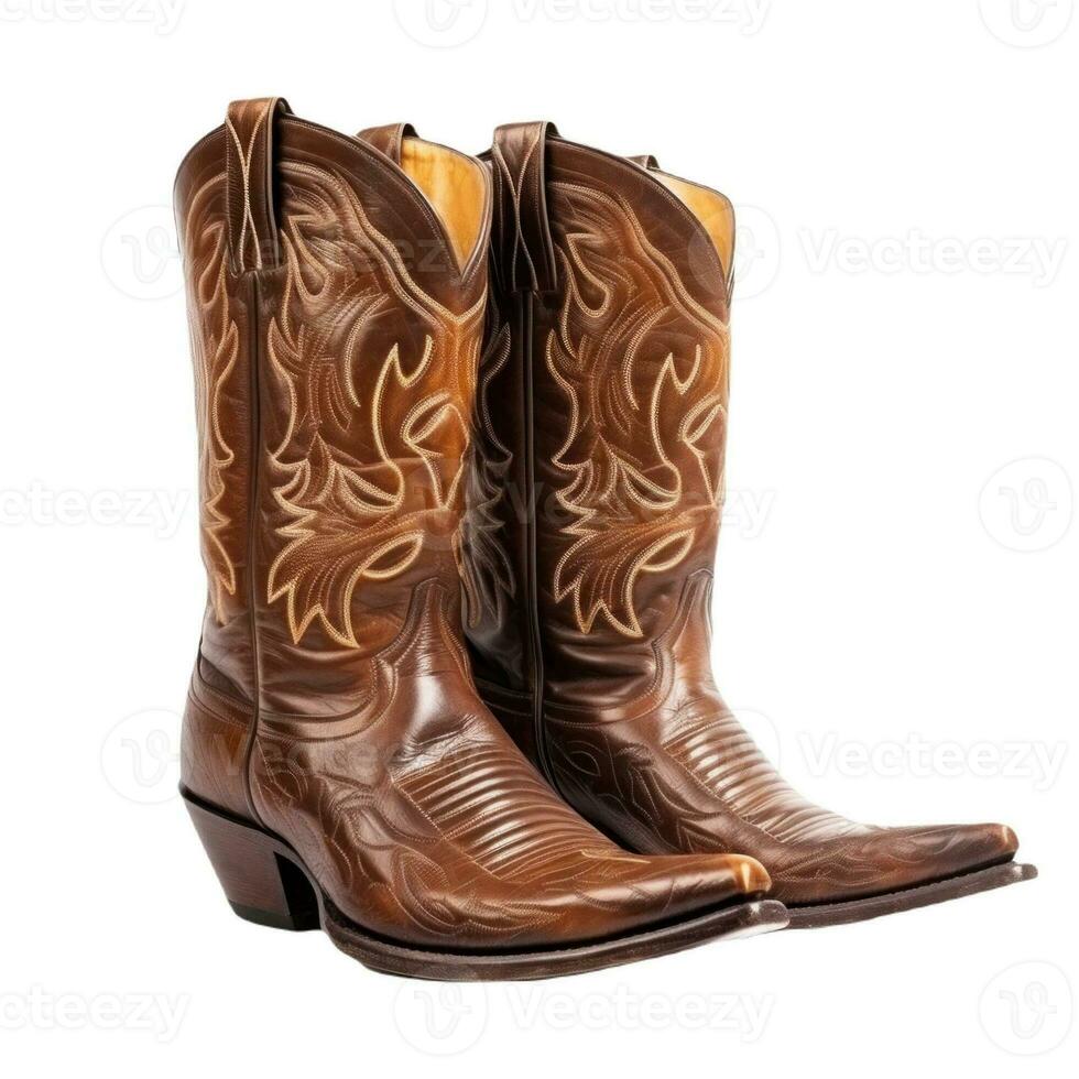 Pair of ornate brown leather cowboy boots. Generative AI photo