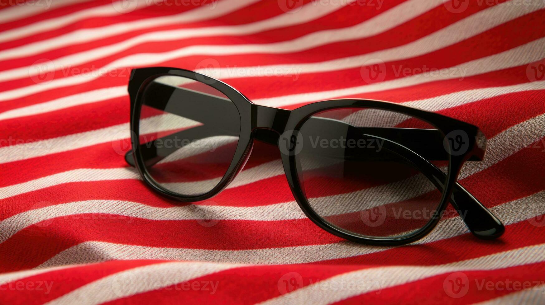 Black sunglasses on red and white striped fabric. Generative AI photo