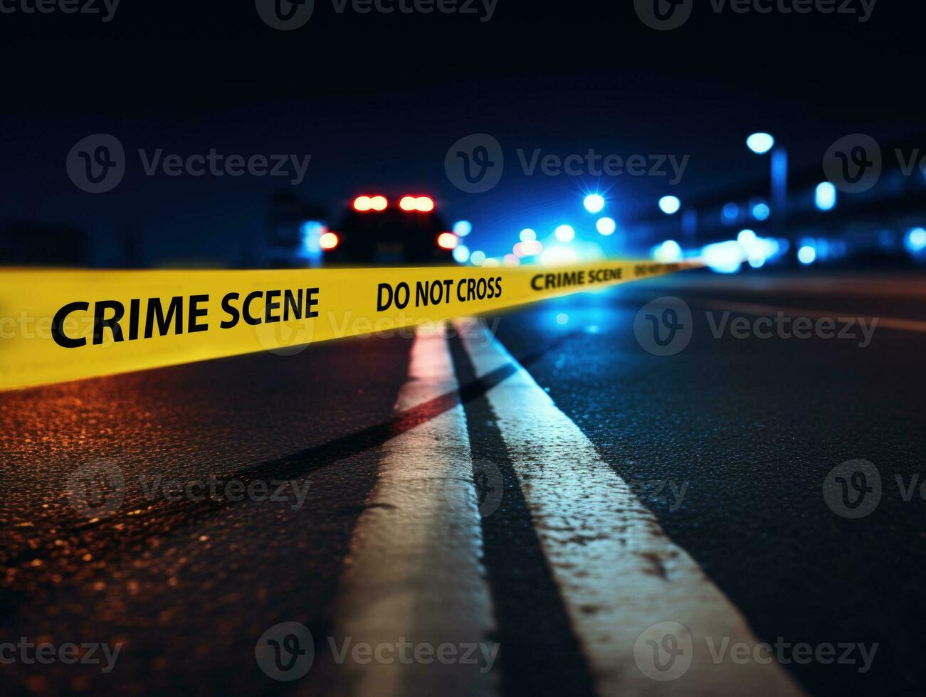 Crime scene tape across a dark street at night. Generative AI photo