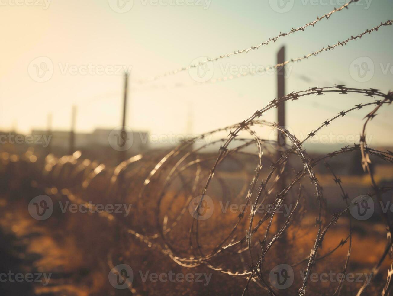 Barbed wire fence with sunset in the background. Generative AI photo