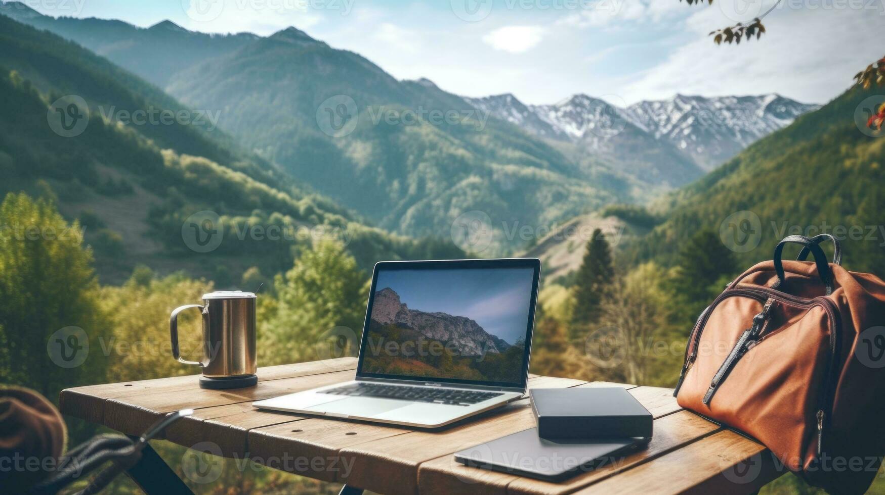 Laptop on wooden table against mountain backdrop. Generative AI photo