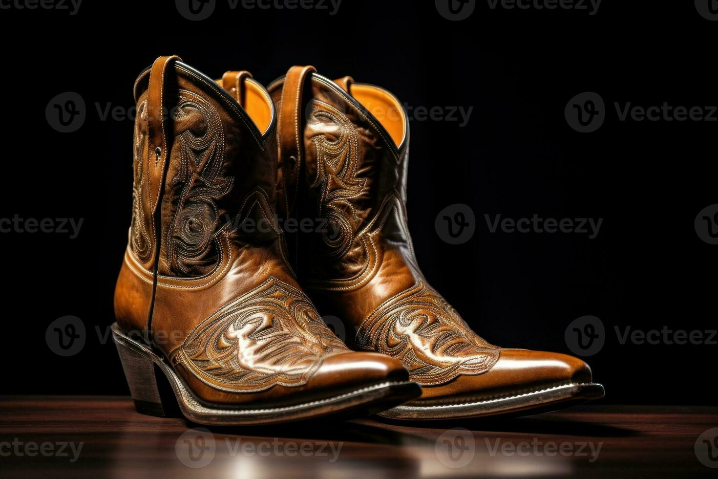 Pair of leather cowboy boots on wooden background. Generative AI photo