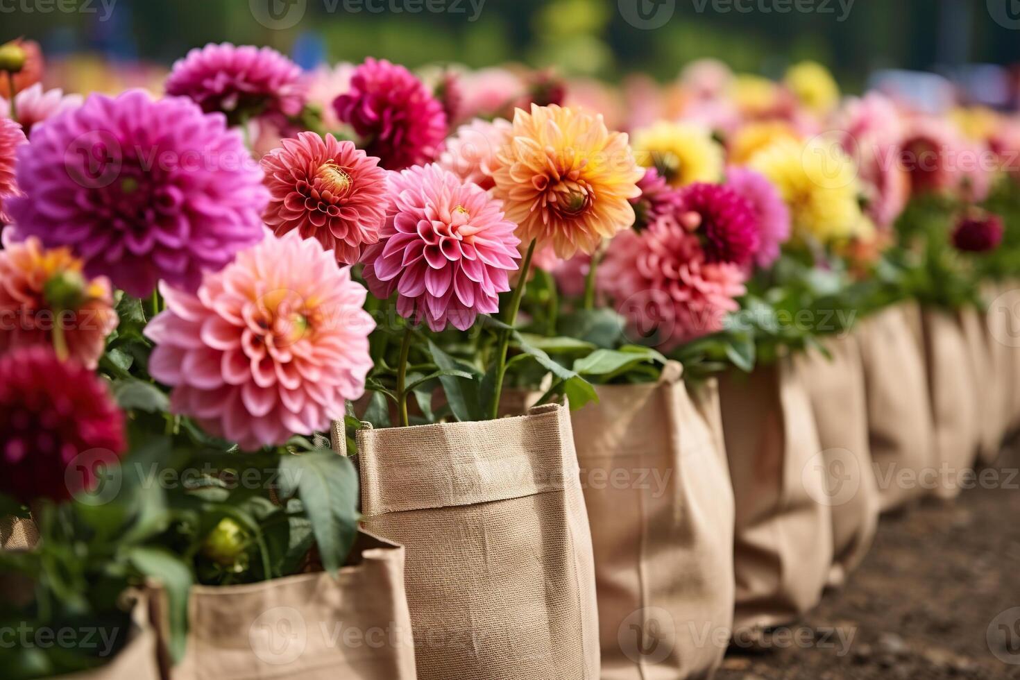 Colorful dahlia flowers in a row on a sunny day. Generative AI photo