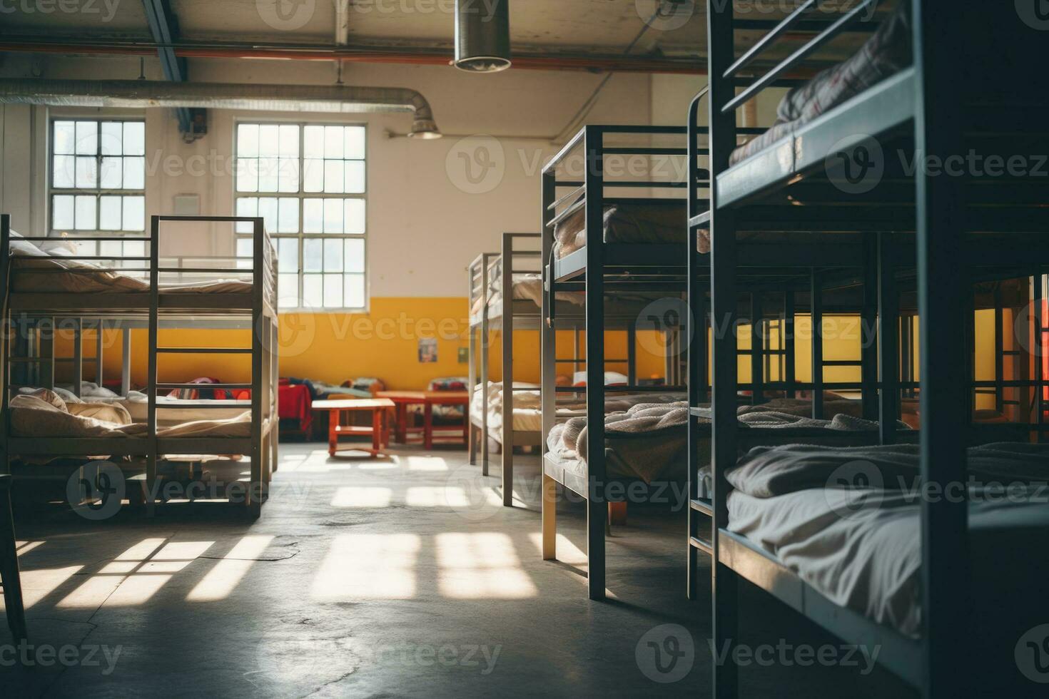 Hostel room with rows of bunk beds and sunlight. Generative AI photo