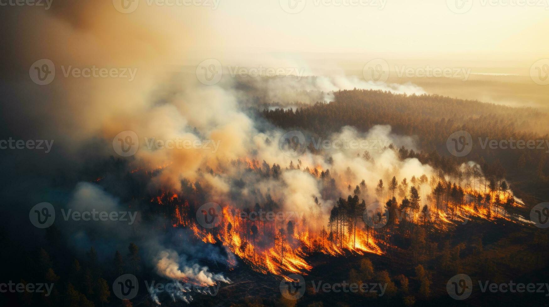 Intense wildfire consuming a forest at sunset. Generative AI photo