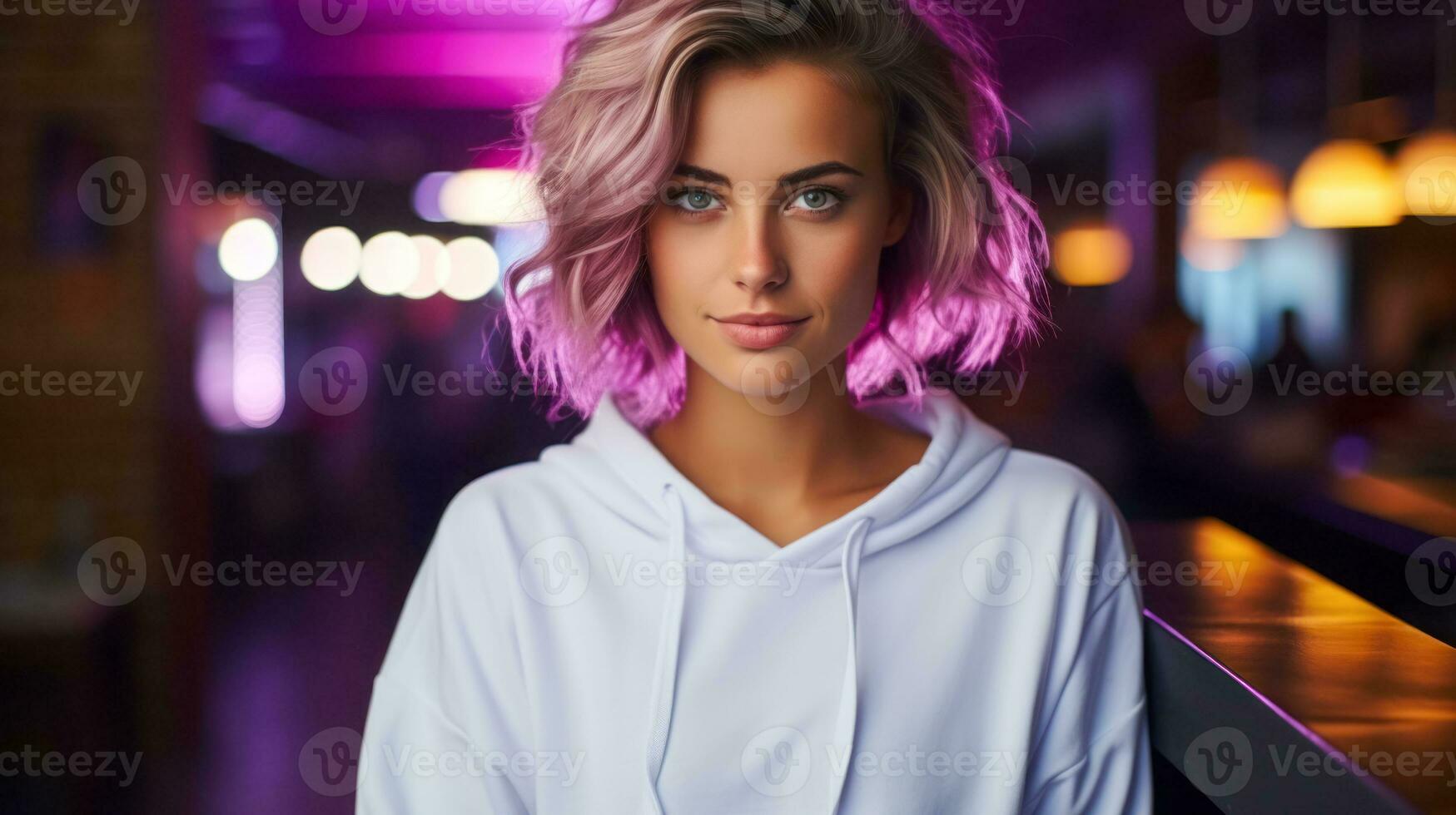 Portrait of a beautiful young blonde woman dressed casually, neon lighting on the evening street photo