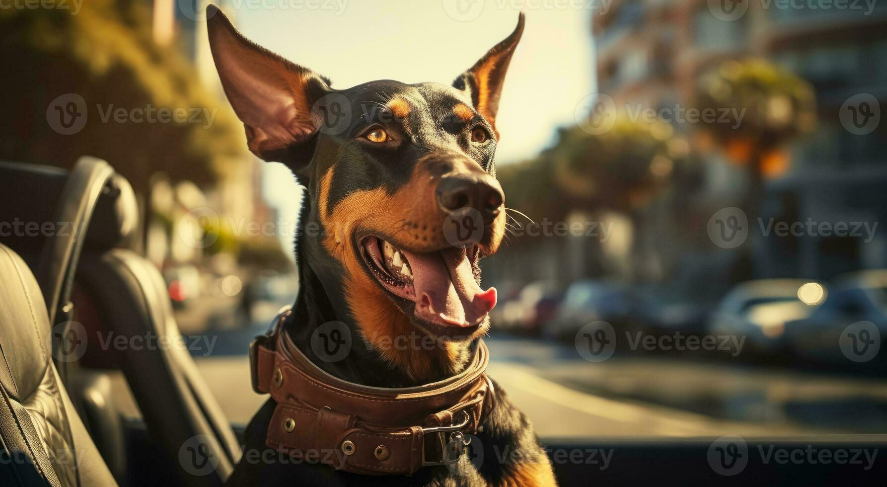 Doberman sitting in convertible and waiting for the owner, poster with an invitation to spring trip photo