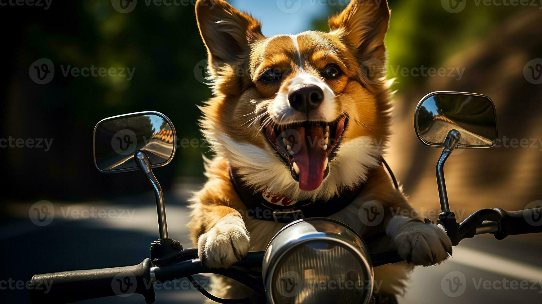 Happy corgi rides down the street on a scooter, time for travel and adventure, idea for a postcard photo