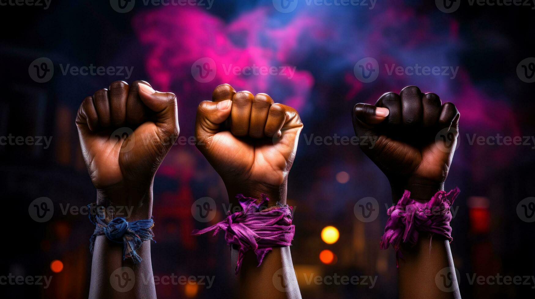 Three female hands clenched into a fist raised up, the idea of solidarity and the fight for rights photo