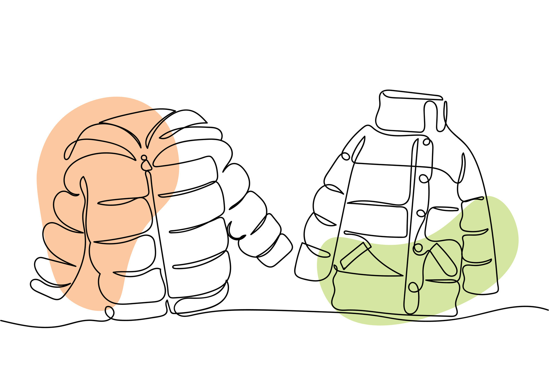Continuous line art collection of fluffy jackets called puffers or
