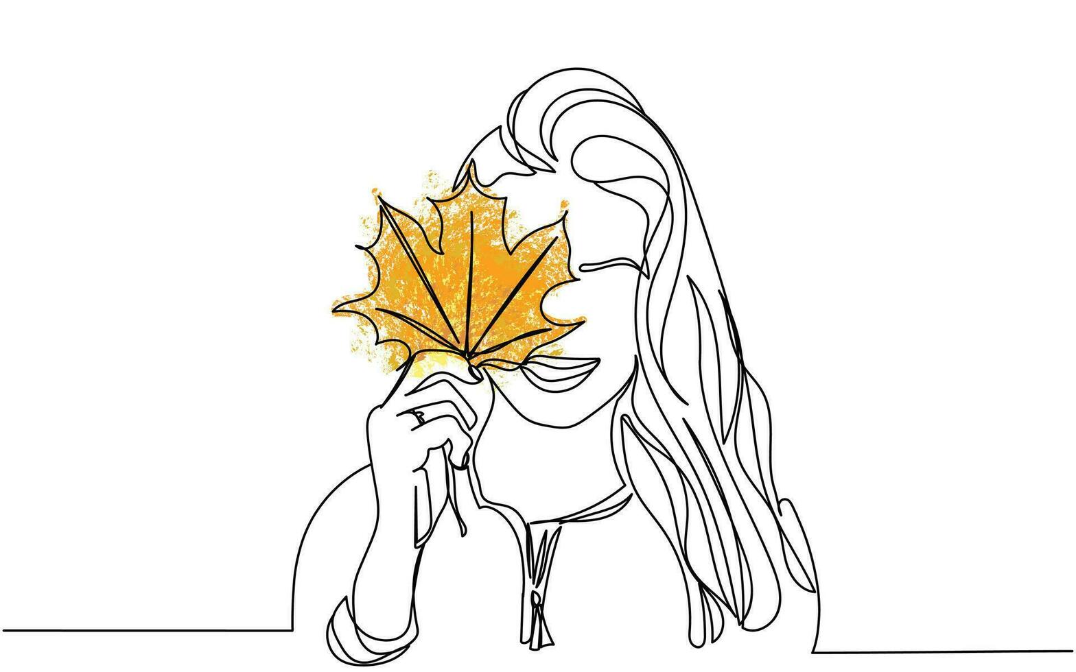 Autumn mood. happy smiling woman holding in her hands yellow maple leaves covering her eyes vector