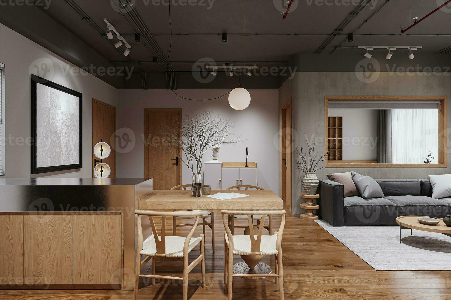 Creative interior design in a studio apartment with elegant wooden furniture and dried plant, lighting photo