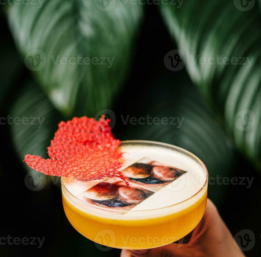 Glass of tasty mango margarita on dark background photo