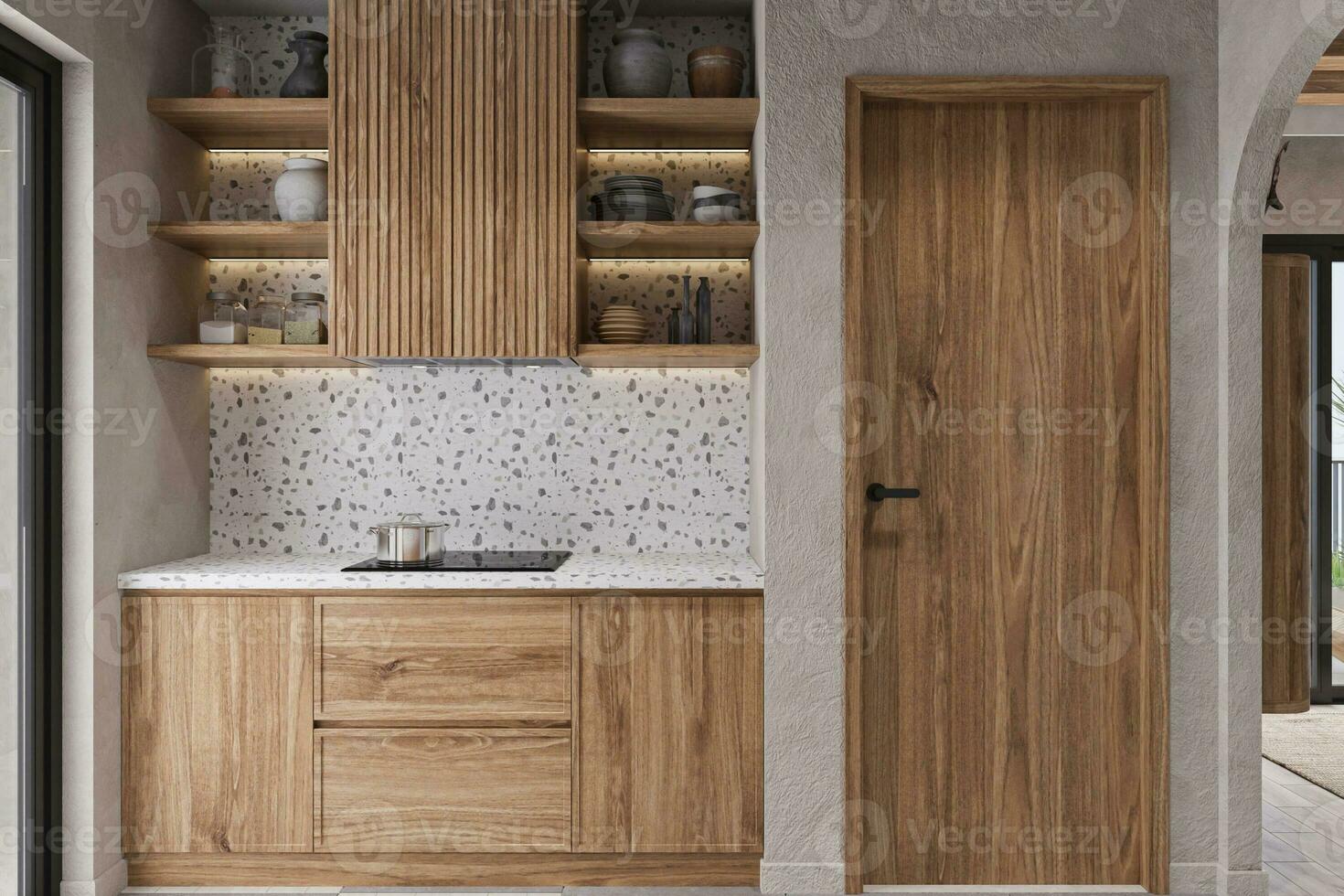 Modern Japanese-style kitchen room decorated with built-in cabinet and white marble wall. photo