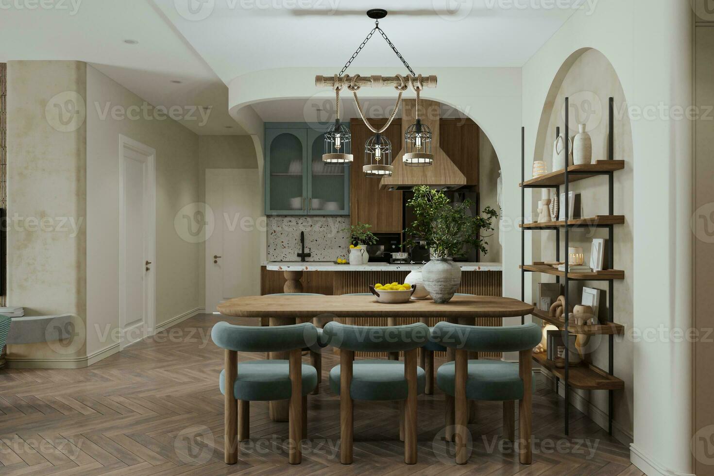 Nest-style lighting pendant hanging over the table, parquet flooring in the studio apartment. photo
