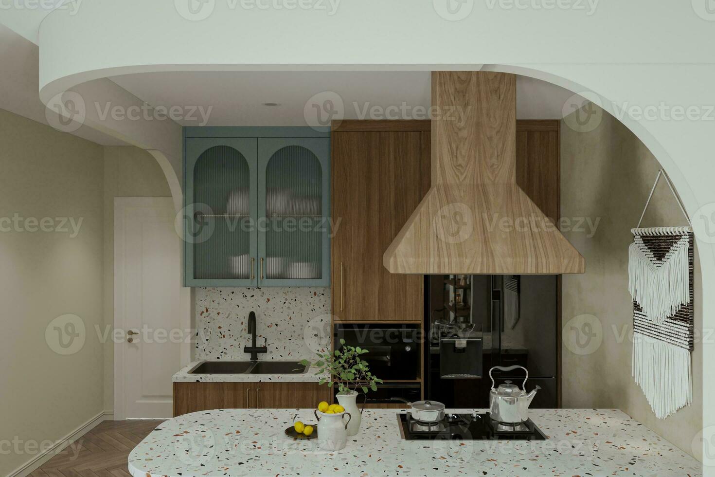 A wood hood over the kitchen counter, and rustic woven wall art on the wall. photo