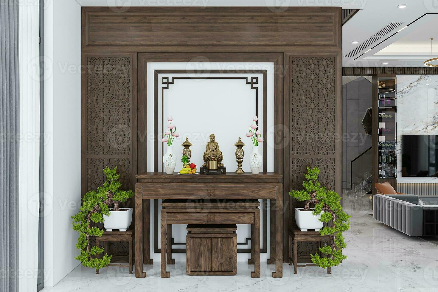 A tiny Buddhist temple interior with Wooden partitions and botanicals. 3D rendering photo