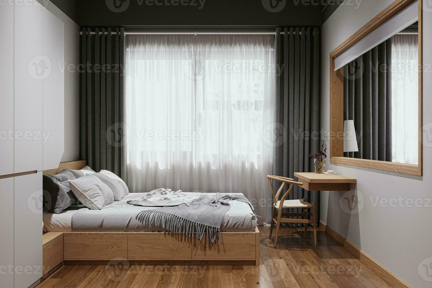 A minimal bedroom placed in a studio apartment with a wooden bed, chair, and wall-attached table. photo