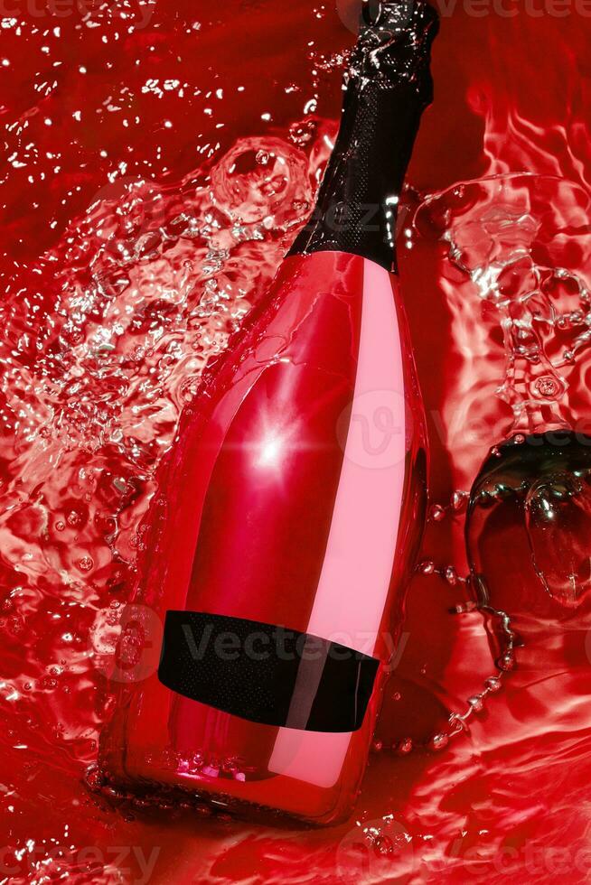 red champagne bottle and glass in water photo