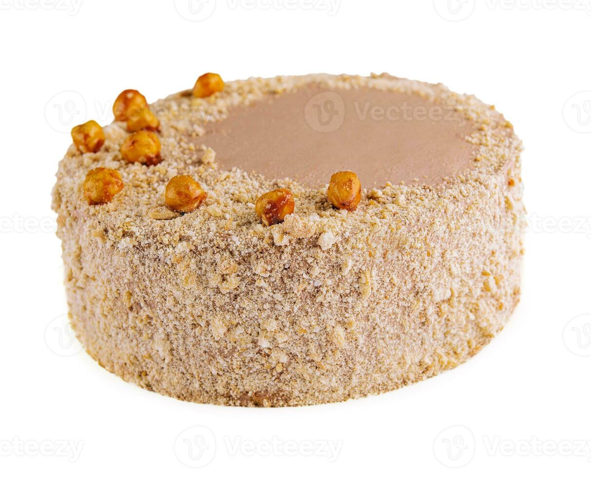 Kyiv cake with hazelnuts, chocolate glaze, and a buttercream-like filling photo