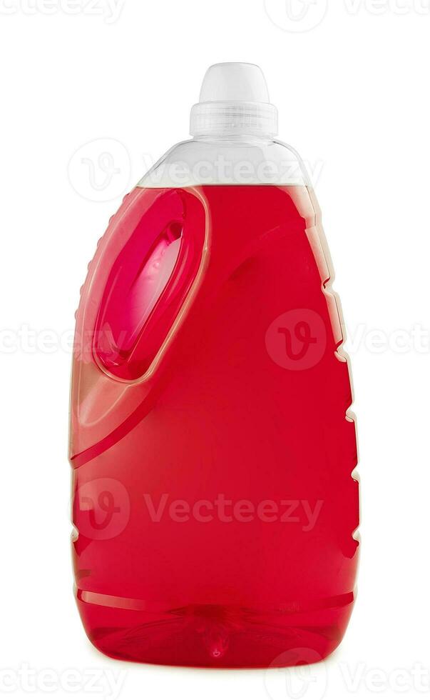 Red liquid soap or detergent in a plastic bottle photo