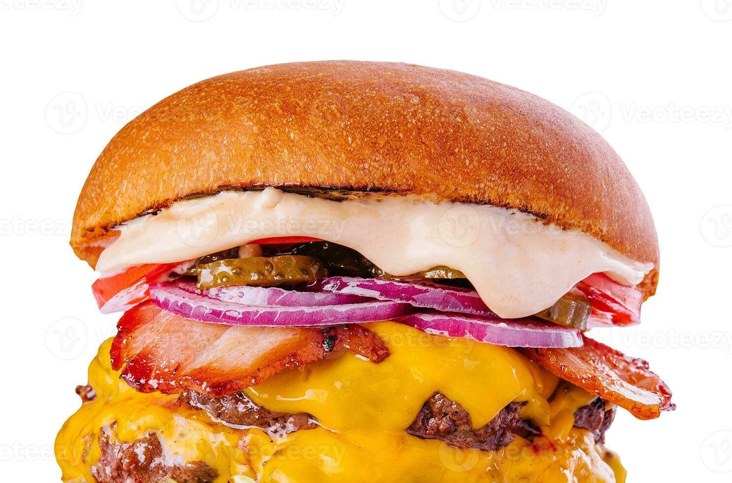 Bacon cheese burger with beef patty tomato onion photo