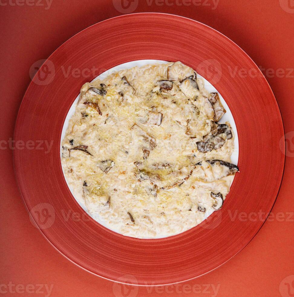 italian baked eggplant parmesan on red plate photo