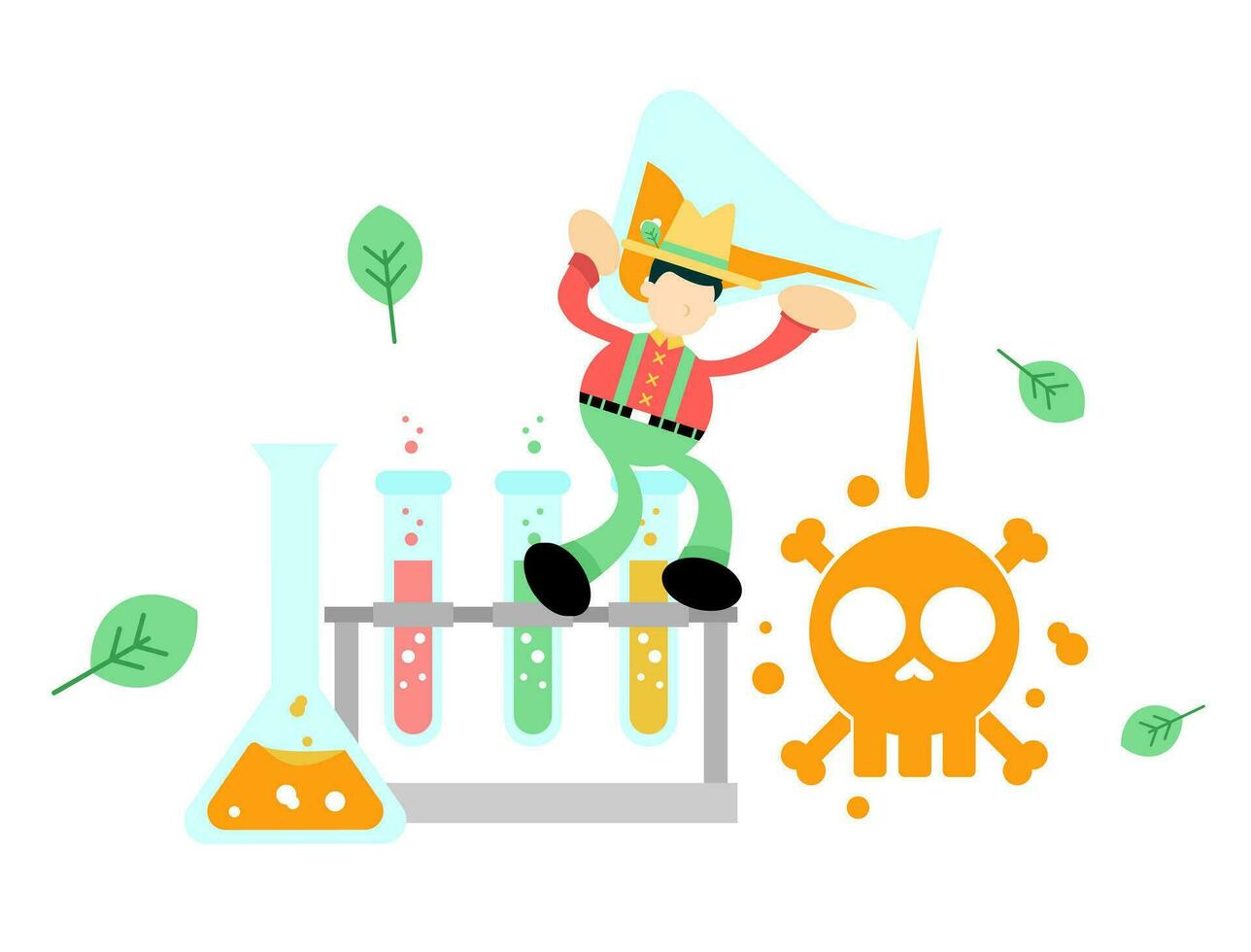 farmer man agriculture hazardous skull alert danger toxic laboratory formula cartoon doodle flat design style vector illustration