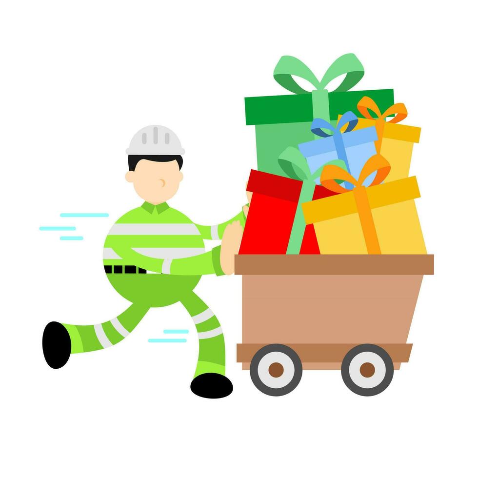 worker engineer man and gift box cart cartoon doodle flat design style vector illustration