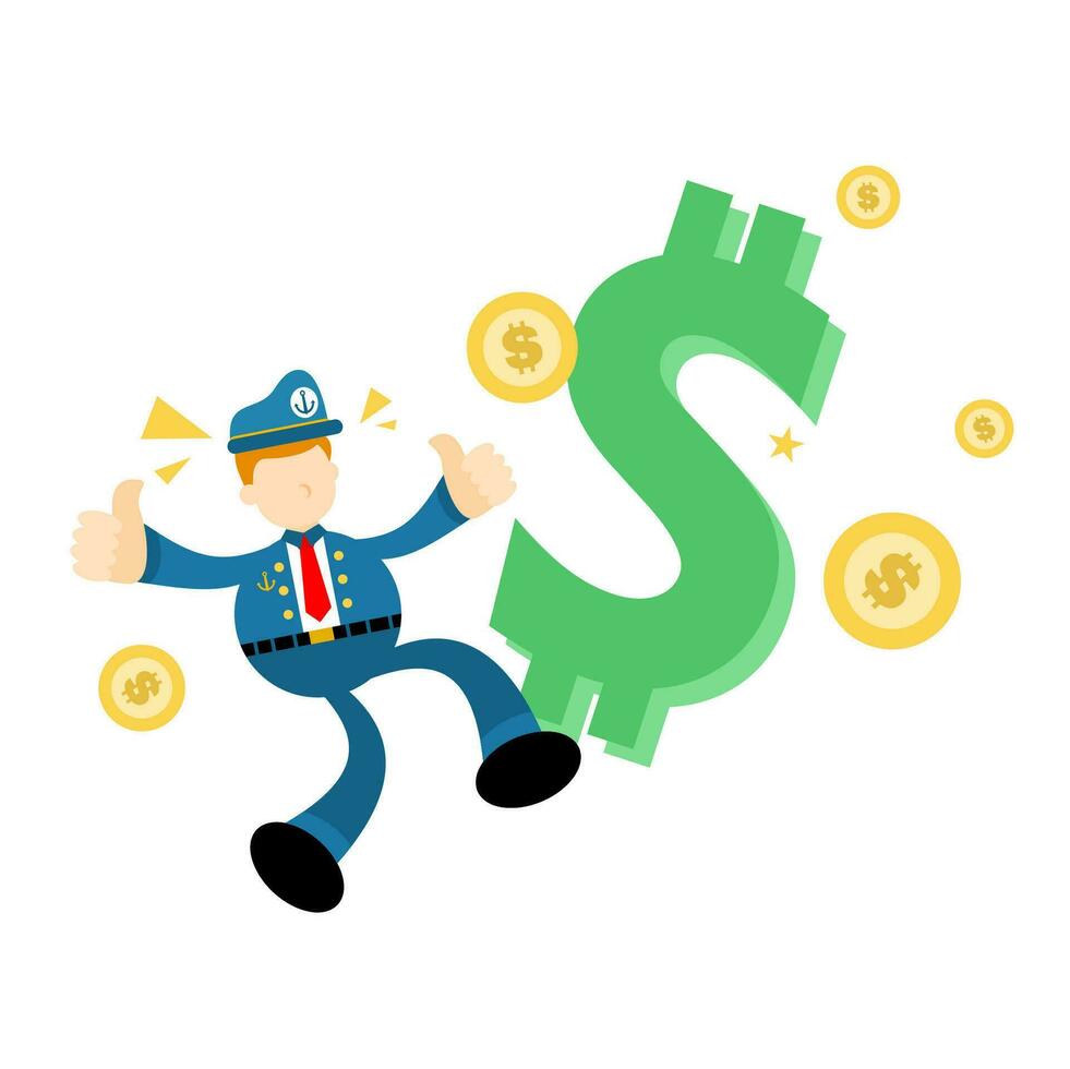 sailor captain navy man and money dollar cartoon doodle flat design style vector illustration