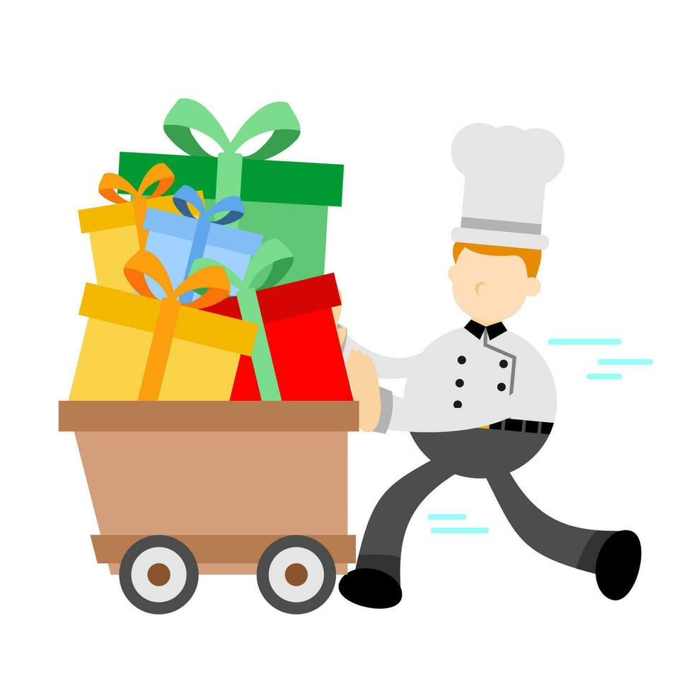 Chef man and gift box cart cartoon doodle flat design style vector illustration