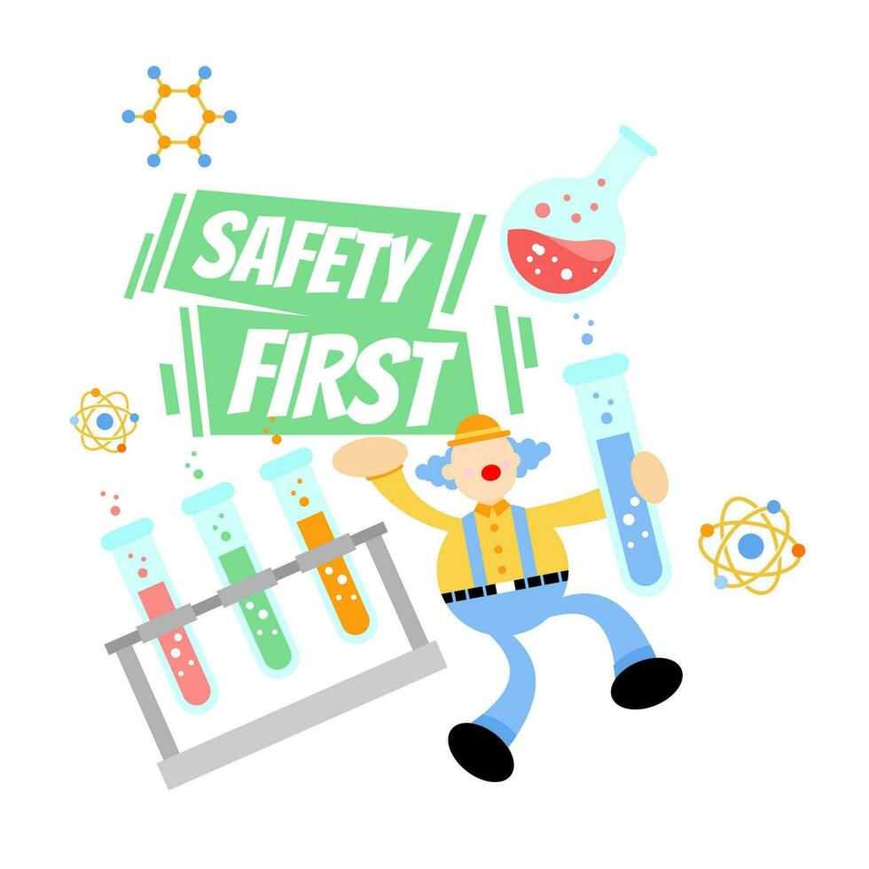 clown carnival and safety experiment laboratory flask research science cartoon doodle flat design style vector illustration