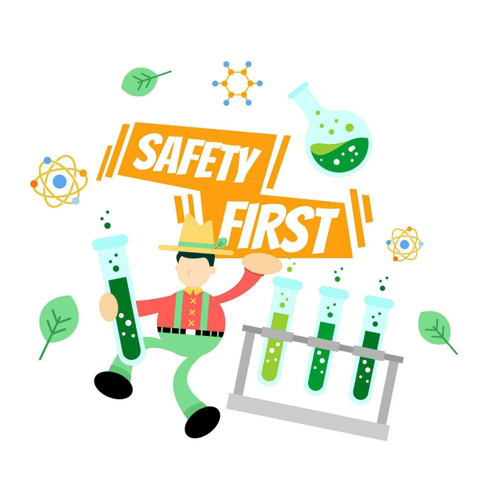 farmer man agriculture and safety experiment laboratory flask research science cartoon doodle flat design style vector illustration