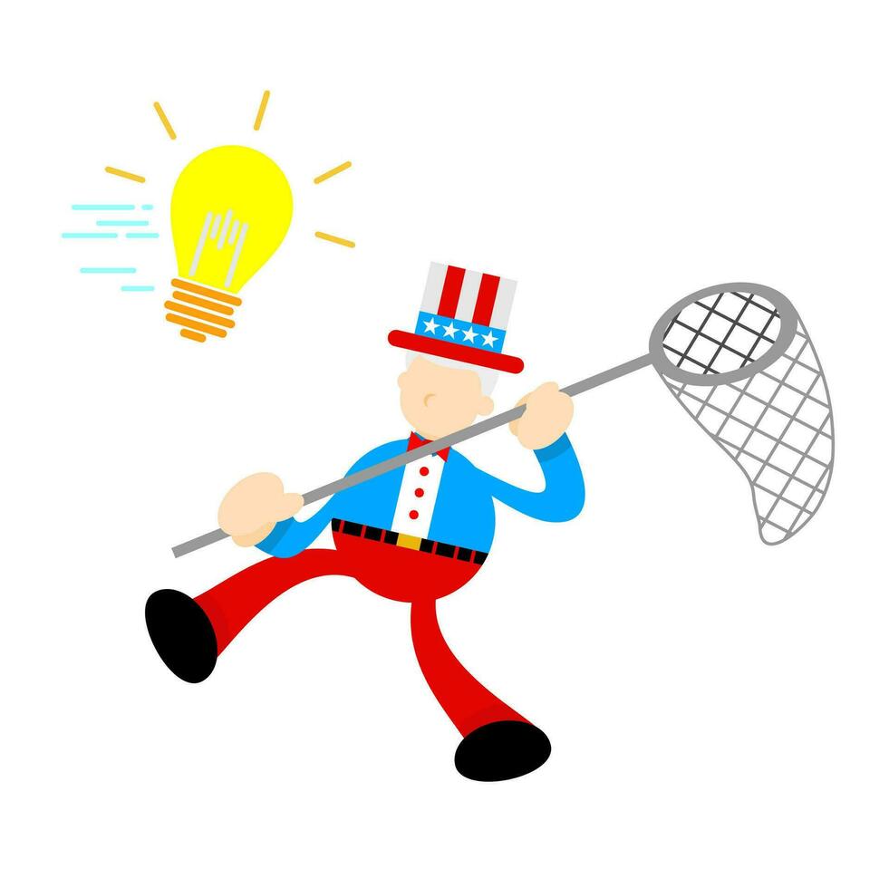 Uncle sam america people with pointing to the light bulb cartoon doodle. Idea concept flat design style vector illustration