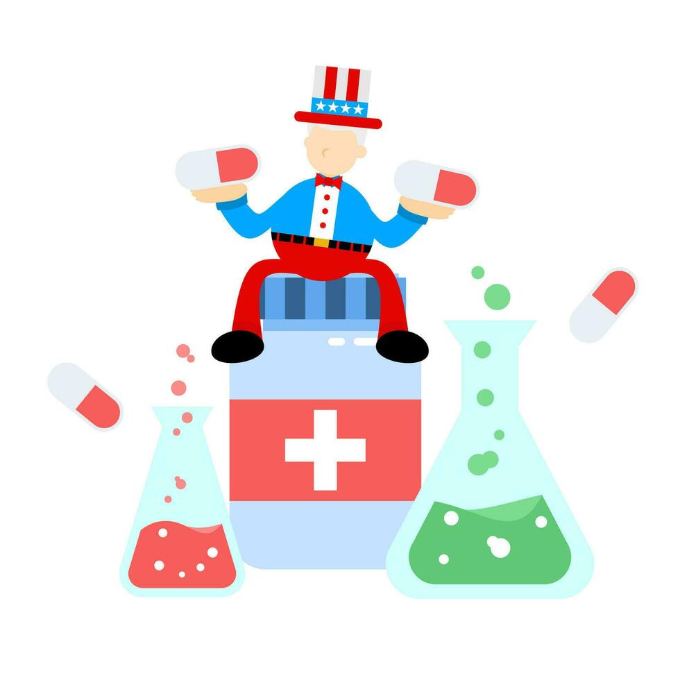 uncle sam america and experiment laboratory medicine drug health cartoon doodle flat design style vector illustration